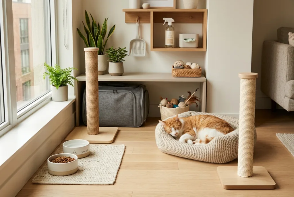 Qué elementos básicos necesita una mascota para su rutina diaria Accesorios básicos organizados para el cuidado de un gato