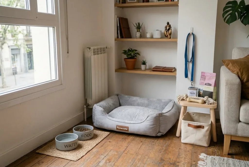 Cómo preparar la casa para recibir una mascota por primera vez Canto organizado para pet em um apartamento moderno, com cama cinza aconchegante, tigelas de comida e água em tigelas de cerâmica, brinquedos e coleira dispostos de forma funcional sobre o piso de madeira iluminado por luz natural.