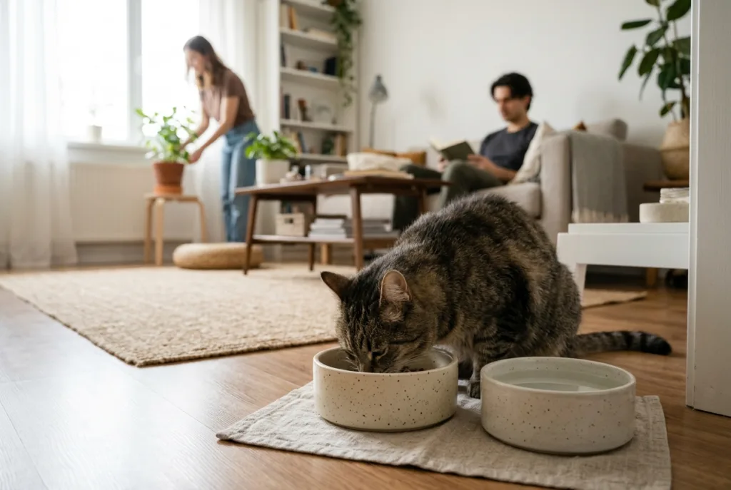 Cómo elegir un comedero adecuado para tu mascota Gato comiendo tranquilamente en un comedero de cerámica