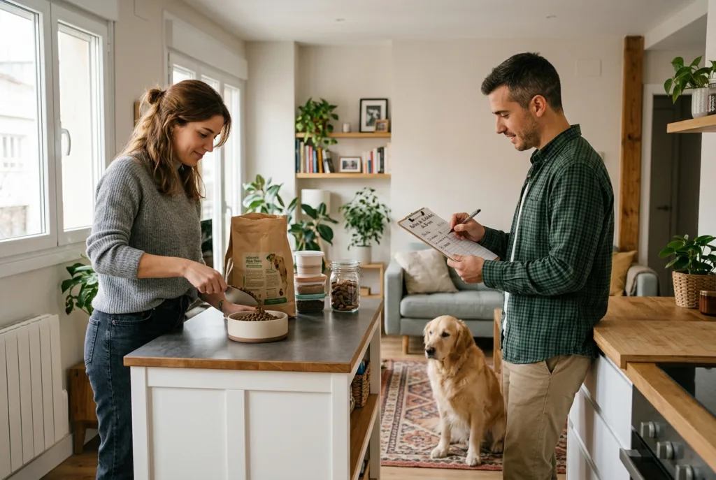 Cómo organizar la alimentación de una mascota cuando ambos dueños trabajan Pareja organizando la alimentación de su perro en casa