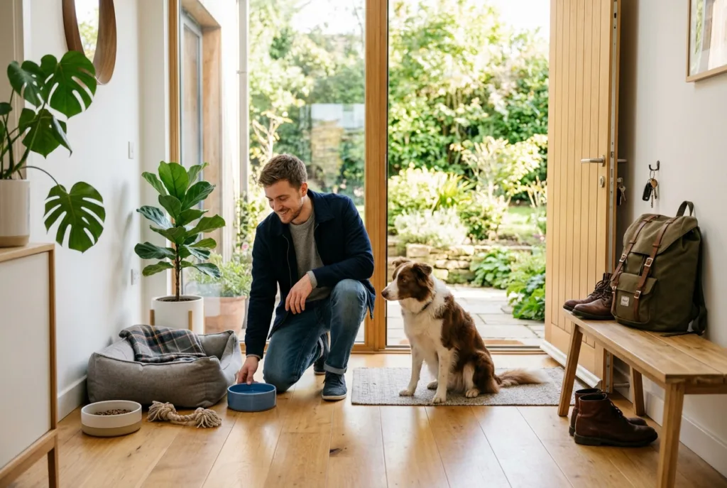 Qué revisar en la rutina de cuidados de una mascota antes de salir de casa Hombre revisando el espacio de su perro antes de salir de casa
