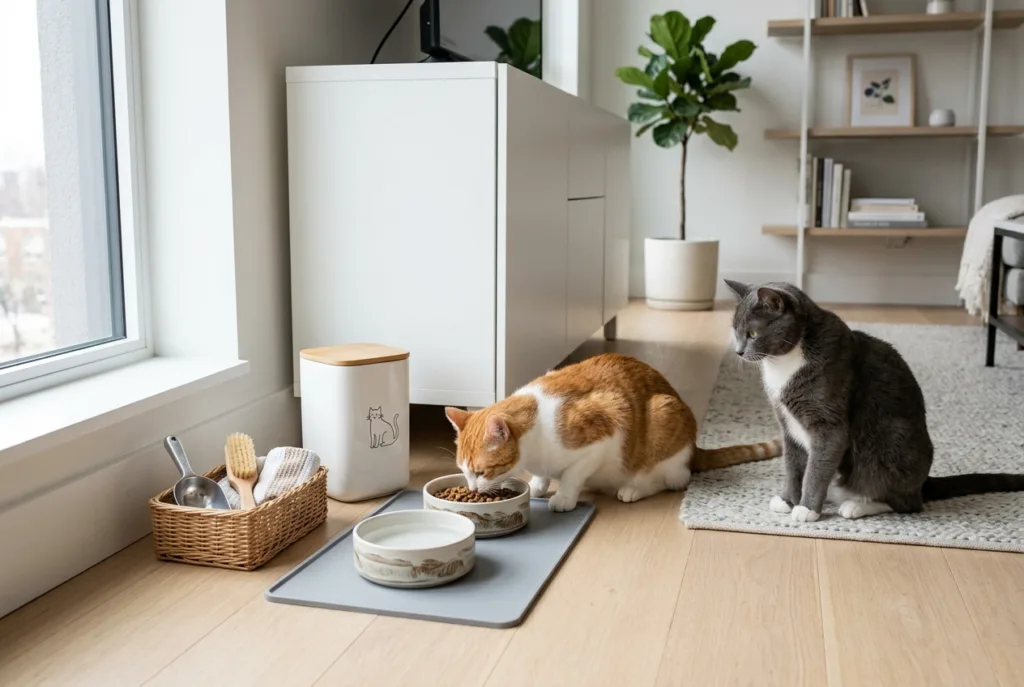 Cómo organizar la alimentación de una mascota cuando ambos dueños trabajan Espacio organizado para la alimentación de gatos en un apartamento