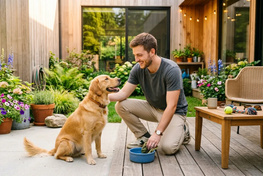 Hábitos sencillos para cuidar mejor a una mascota todos los días Hombre cuidando a su perro durante la rutina diaria