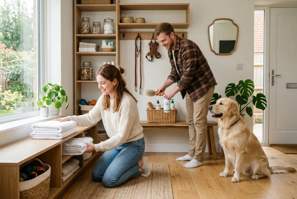 Cómo crear una rutina de higiene para convivir mejor con una mascota Pareja organizando los elementos de higiene y cuidado de su perro