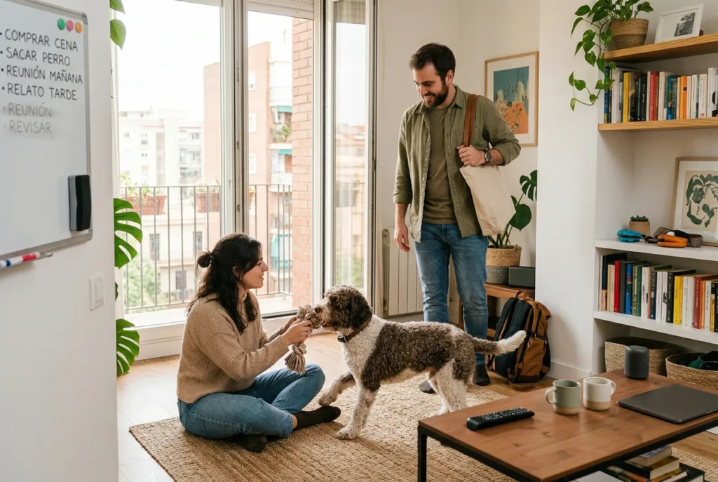 Cómo organizar la vida en pareja cuando ambos trabajan y tienen una mascota Pareja compartiendo la rutina de la tarde con su perro