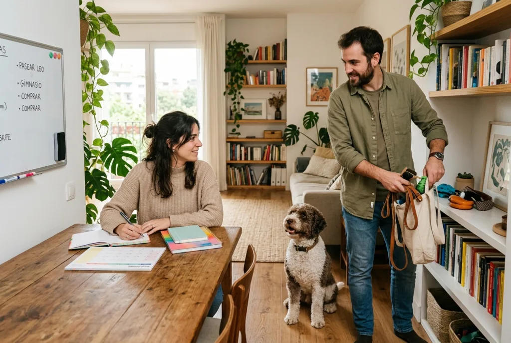 Cómo organizar la vida en pareja cuando ambos trabajan y tienen una mascota Pareja joven organizando su rutina diaria con su perro
