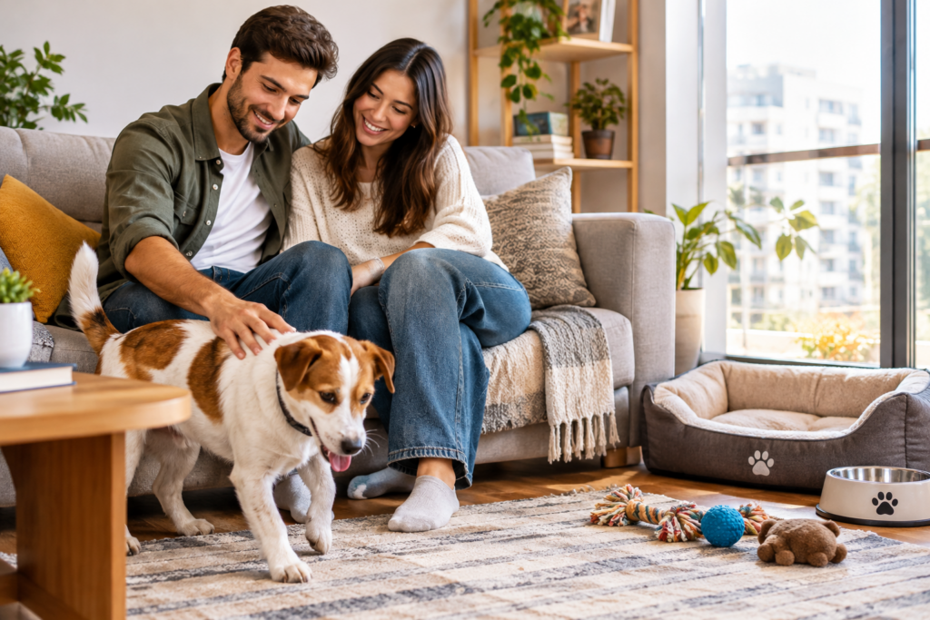Cómo cambia la rutina de una pareja cuando llega una mascota a casa Pareja joven compartiendo su rutina en casa junto a su perro