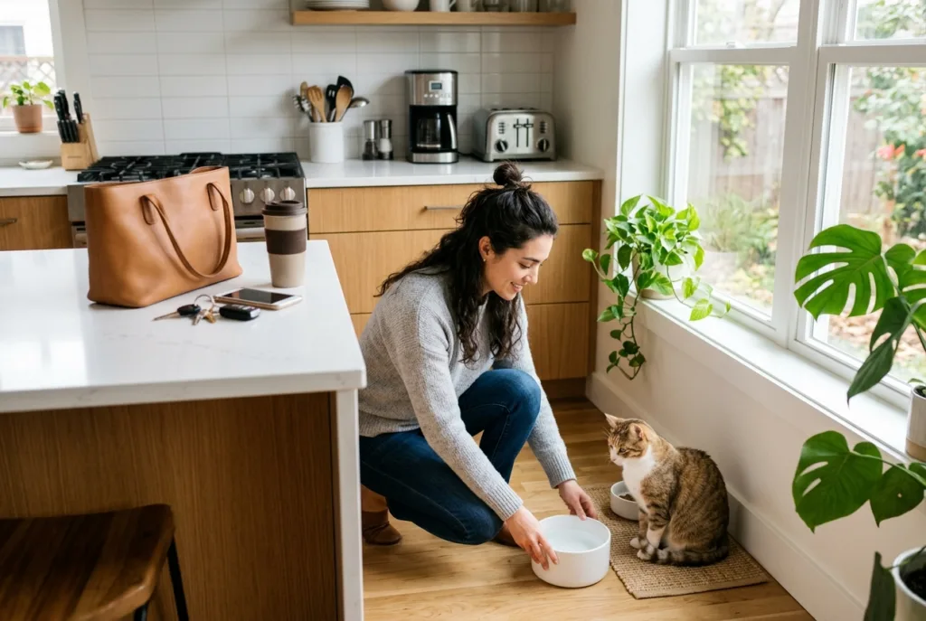 Qué revisar en la rutina de cuidados de una mascota antes de salir de casa Mujer revisando los cuidados de su gato antes de salir de casa