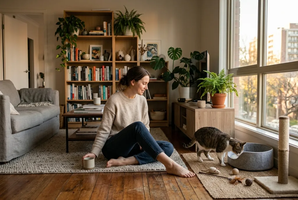 Hábitos sencillos para cuidar mejor a una mascota todos los días Mujer observando a su gato durante la rutina diaria en casa