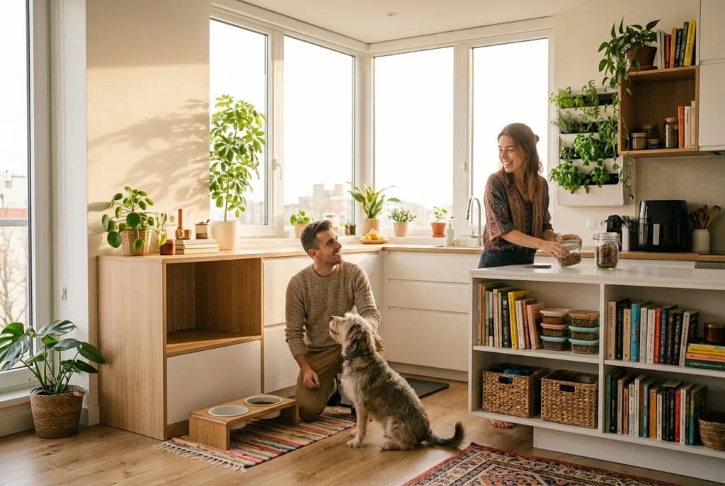 Cómo mantener limpia y organizada la zona de alimentación de una mascota Pareja organizando la zona de alimentación de su perro